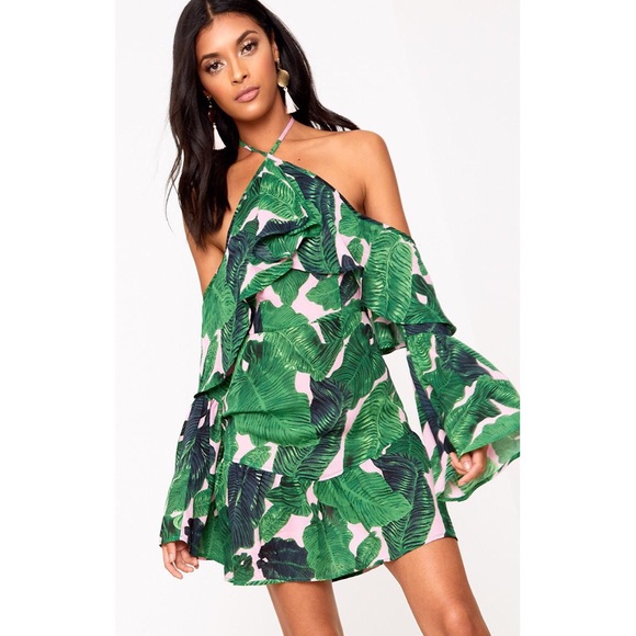PrettyLittleThing Dresses & Skirts - Green Tropical Print Halterneck Frill Hem Dress